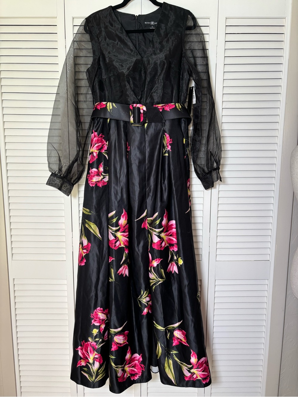 Betsy & Adam Organza-Sleeve Floral Belted Gown *Flawed *Size 8 - Picture 6 of 11